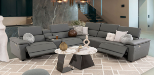 Sala Modular De Piel Con Reclinables Eléctricos Y Consola Montier Gris