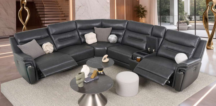 Sala Modular De Piel Con Reclinables Eléctricos Aslan Gris