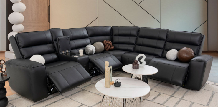 Sala Modular Piel Con Reclinables Eléctricos Y Consola Forli Negro