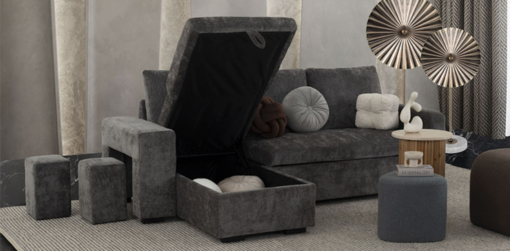 Sala Modular Con Baúl Y Cama Alta Nap Gris