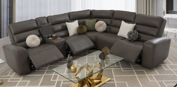 Sala Modular Piel Con Reclinables Eléctricos Y Consola Forli Gris